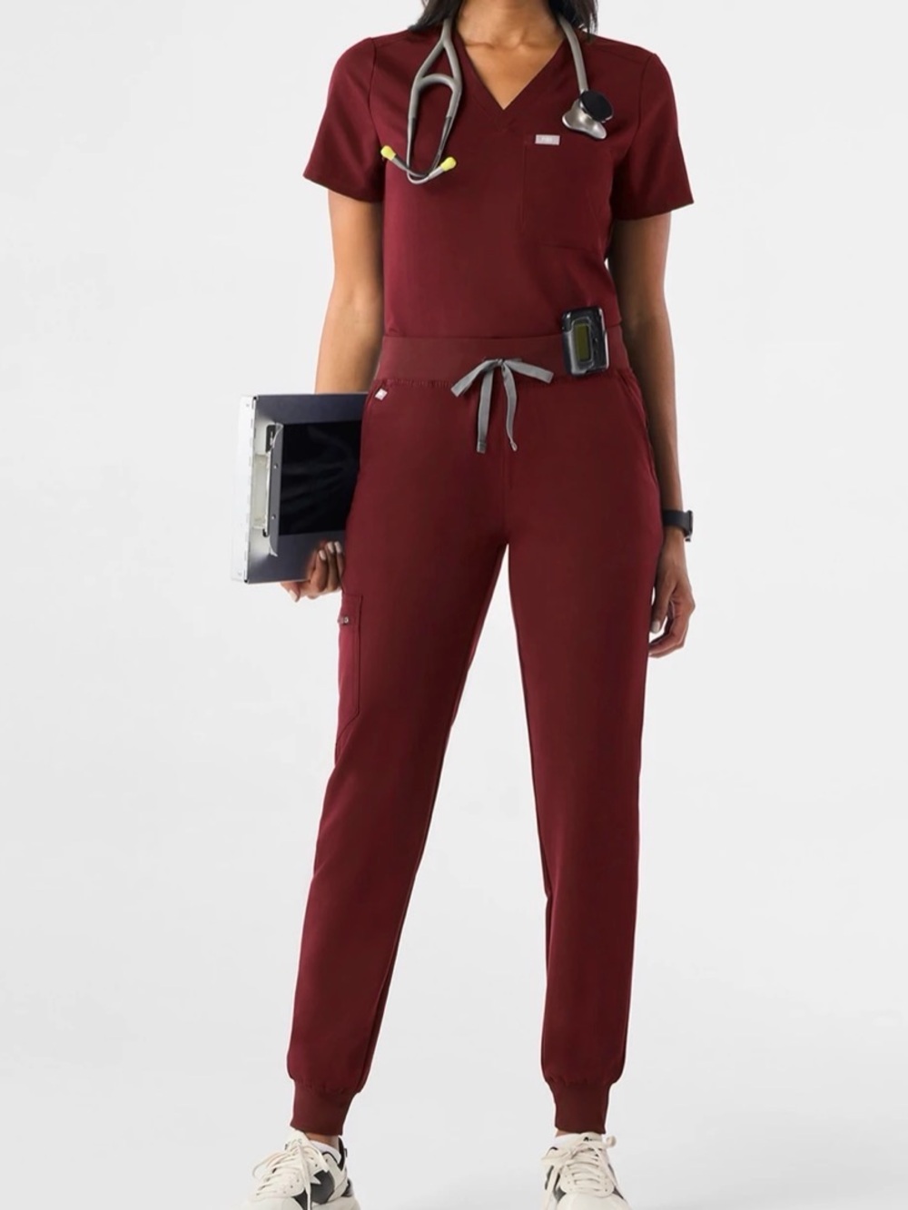 Figs Women’s Zamara Jogger Scrub Pant, Burgundy, Large Petite